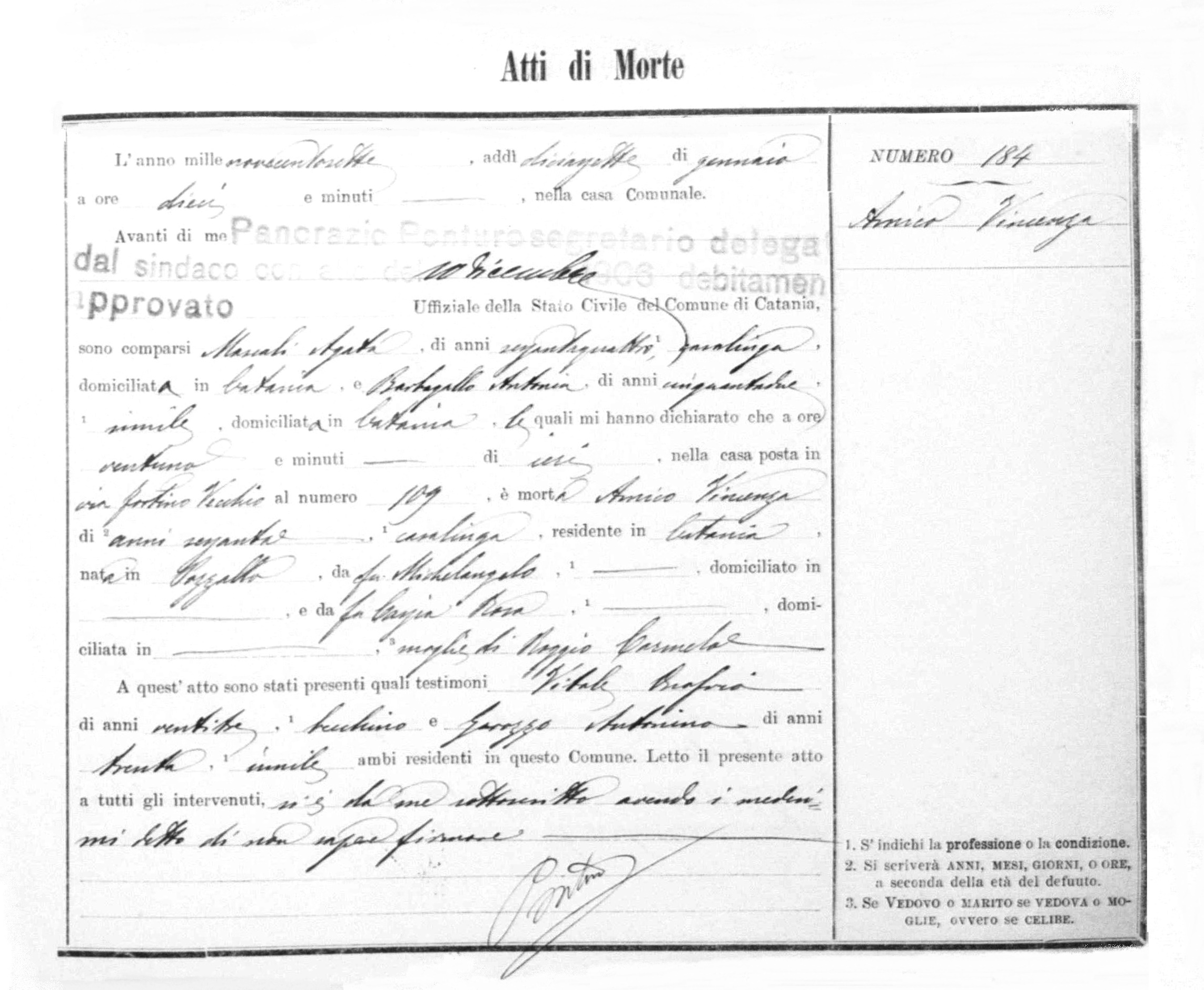 Atto di Morte n. 184 di Amico Vincenza 